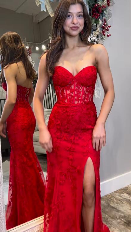 Red Leaf Lace Mermaid Long Prom Dress with Slit BP1120