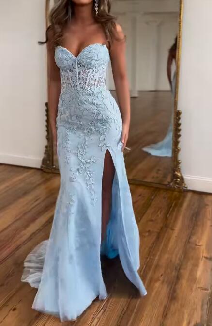Strapless Leaf Lace Mermaid Long Prom Dress with Slit BP1130