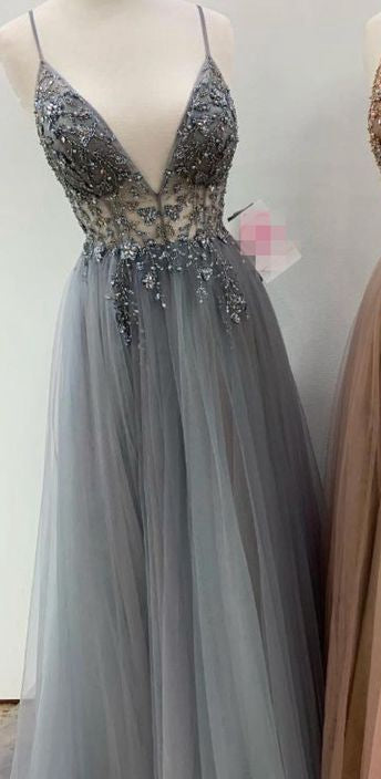 V neck A-line Long Prom Dress with Beading ,Fashion Dance Dress,Sweet 16 Quinceanera Dress PDP0284