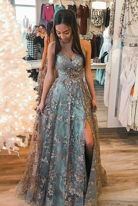 2023 Sparkly Lace Long Prom Dresses with Slit BP835
