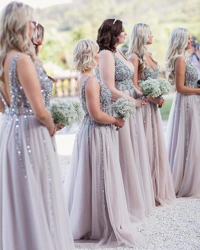 V Neck Backless Beading Tulle A-line Long Modest Bridesmaid Dresses For Wedding,Fashion Bridesmaid Dresses,PDB063