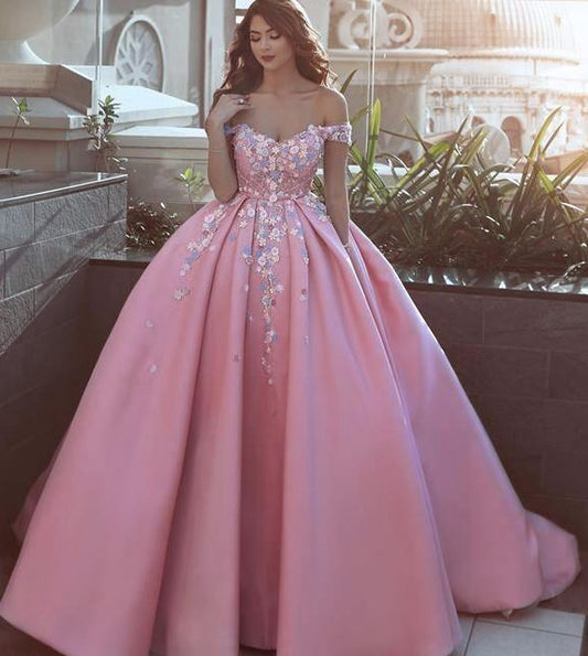 Off Shoulder Ball Gown Long Prom Dresses with Appliques,Sweet 16 Quinceanera Dress,BP306