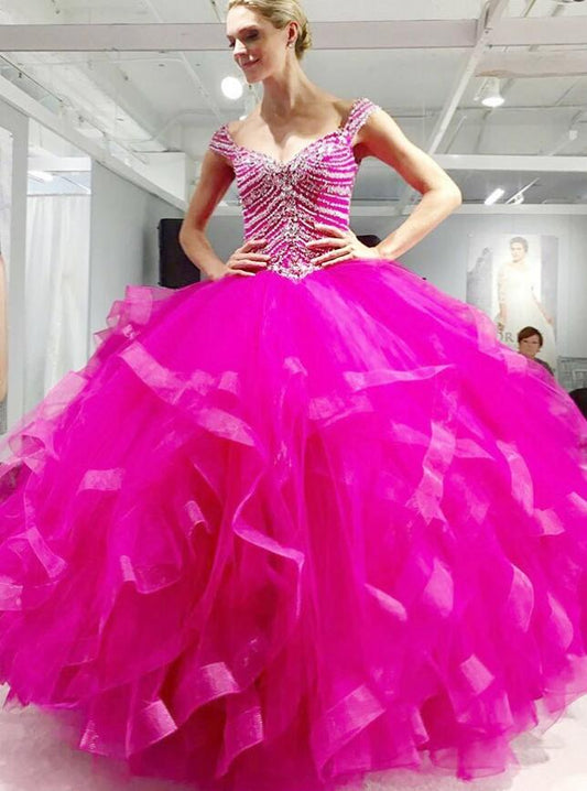 Scoop Asymmetry Fuchsia Ball Gown Quinceanera Dress with Beading,Long Prom Dress,Sweet 16 Dress PDP0110