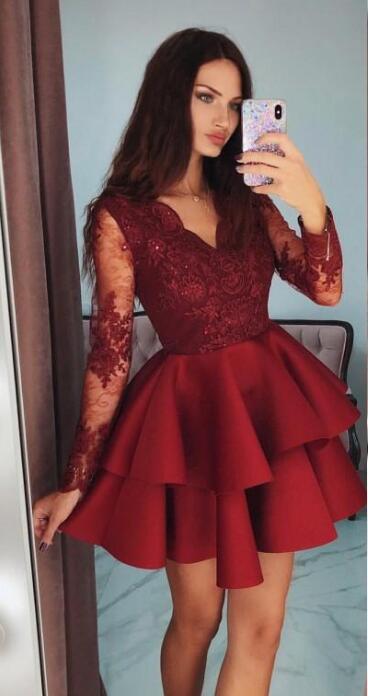Long Sleeves Homecoming Dress With Applique and Beading, Popular Short Prom Dress ,Fashion Dancel Dress PDH0019