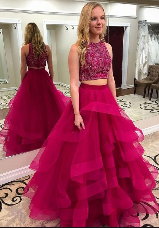 Two Pieces Long Prom Dresses With Beading Fashion School Dance Dress Sweet 16 Quinceanera Dress PDP0459