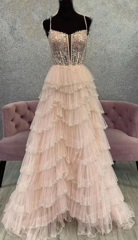 2024 Straps Tulle Prom Dress with Beading and Ruffle Skirt BP1057