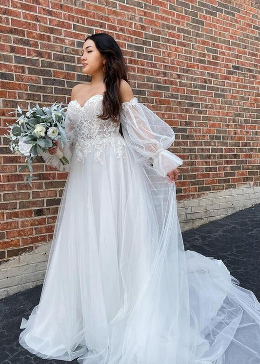 2023 Off the Shoulder A-line Wedding Dress,Long Bridal Dress PDW171