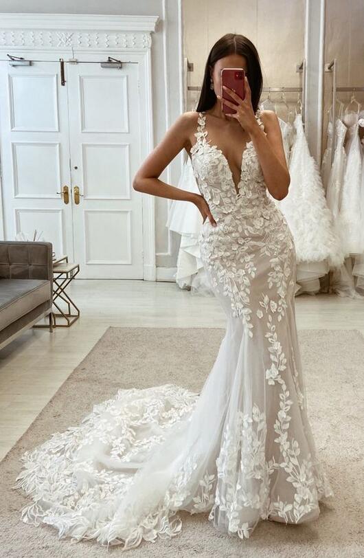 V-neck Mermaid Tulle/Lace Wedding Dress,Long Bridal Dress PDW172