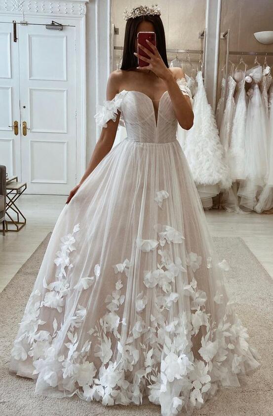 Off the Shoulder A-line Tulle/Lace Wedding Dress,Long Bridal Dress PDW173