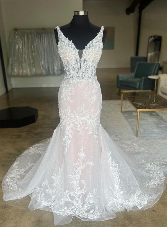 V-neck Mermaid Tulle/Lace Wedding Dress,Long Bridal Dress PDW175