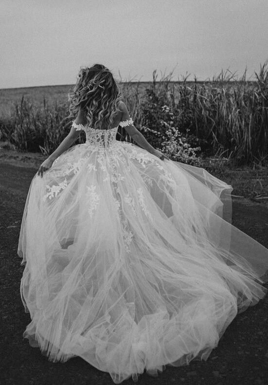 Off the Shoulder A-line Tulle/Lace Wedding Dress,Long Bridal Dress PDW177