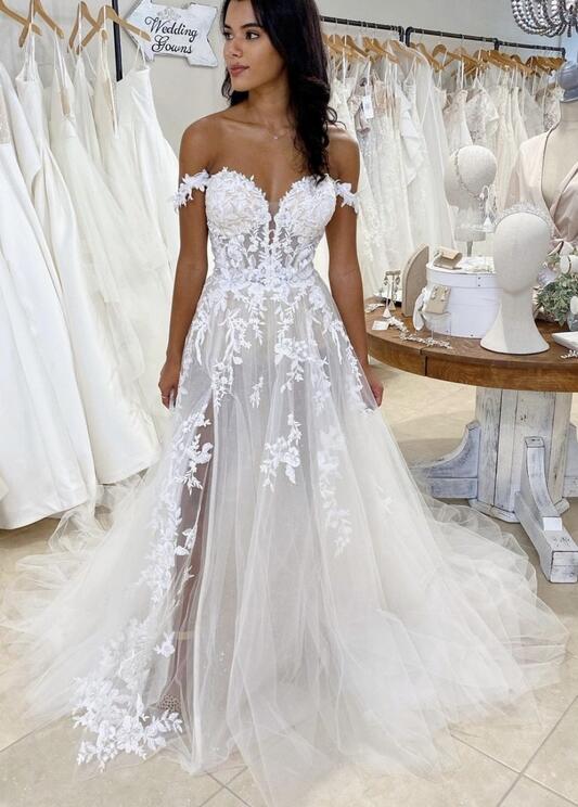 Off the Shoulder A-line Tulle/Lace Wedding Dress,Long Bridal Dress PDW177