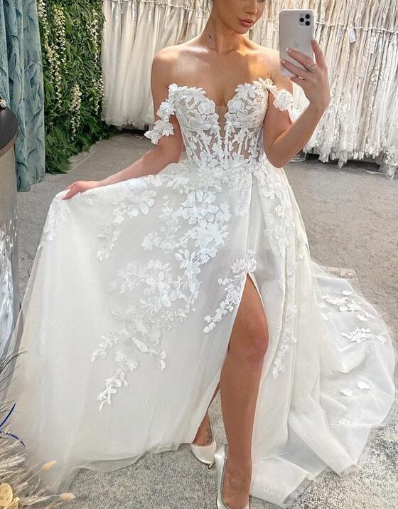 Off the Shoulder A-line Wedding Dress,Long Bridal Dress PDW179
