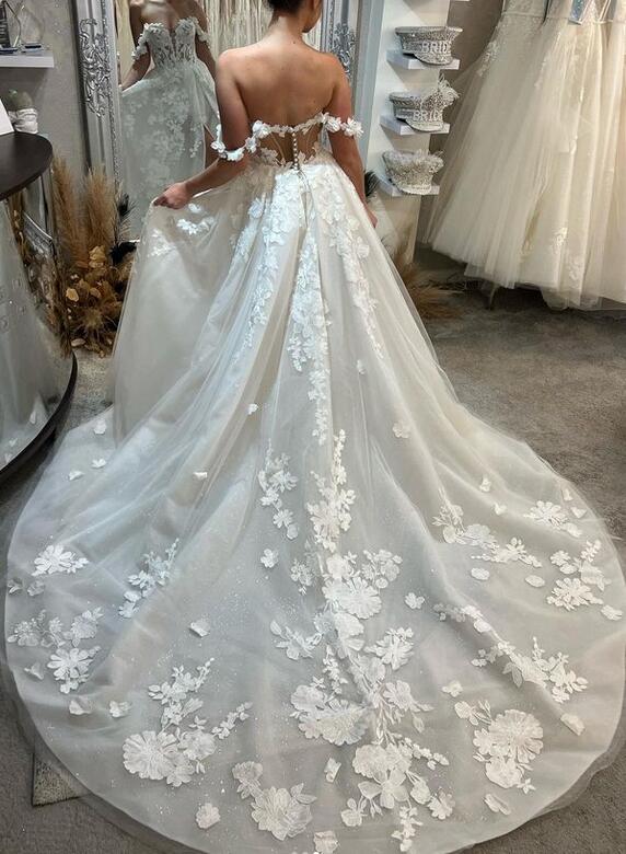 Off the Shoulder A-line Wedding Dress,Long Bridal Dress PDW179