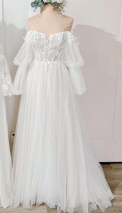 Off the Shoulder A-line Wedding Dress,Long Bridal Dress PDW182