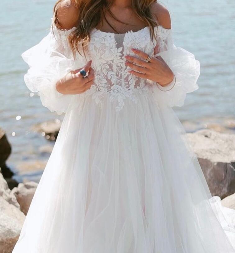 Off the Shoulder A-line Wedding Dress,Long Bridal Dress PDW182