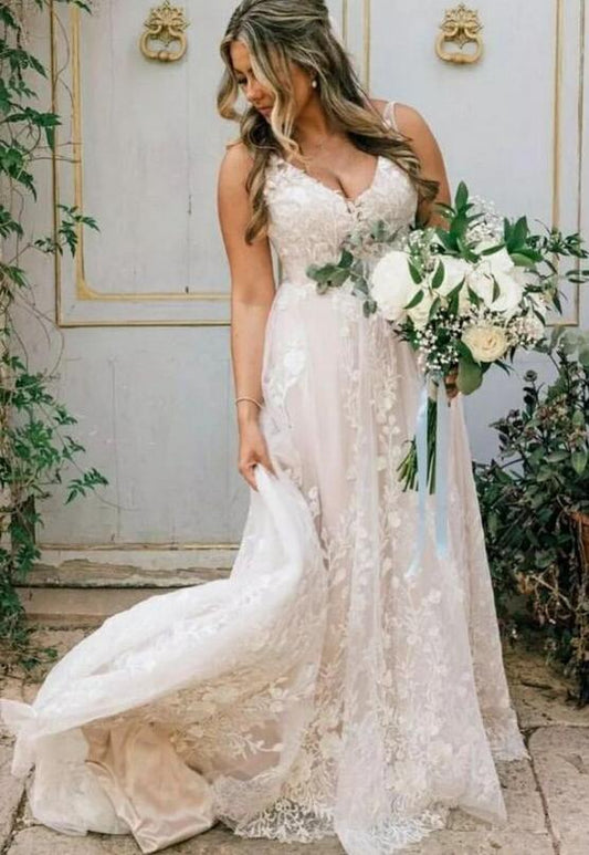 V-neck Open Back A-line Wedding Dress,Long Bridal Dress PDW181