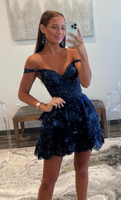 2023 Off the Shoulder Lace Short Prom Dress,Homecoming Dress BP893