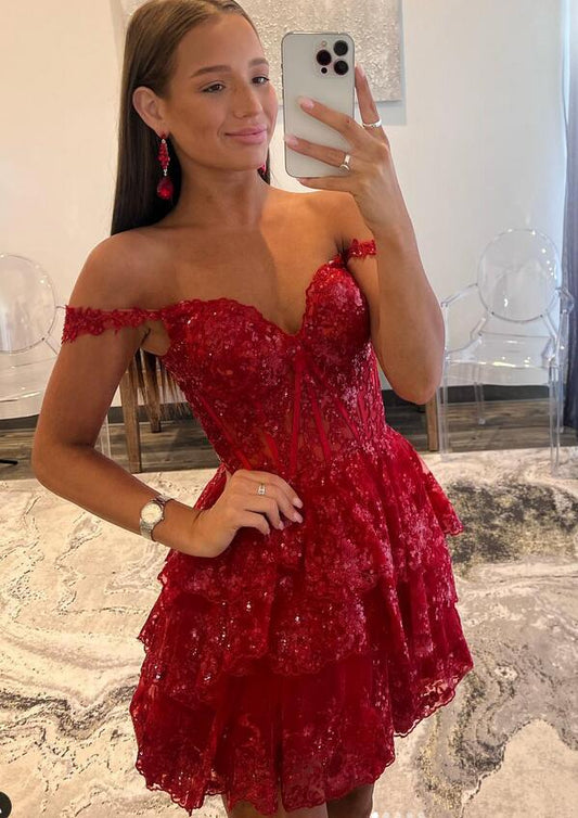 2023 Off the Shoulder Lace Short Prom Dress,Homecoming Dress BP892