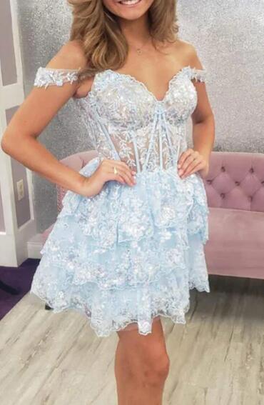 2023 Off the Shoulder Lace A-line Homecoming Dress BP905