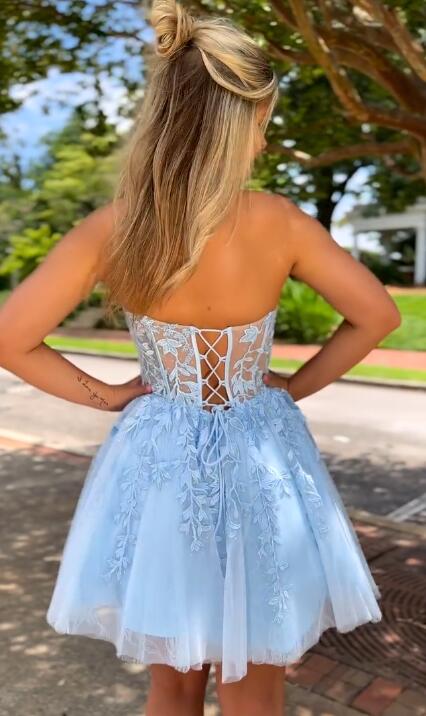 Strapless Leaf Lace Homecoming Dress with Sheer Corset Bodice BP936