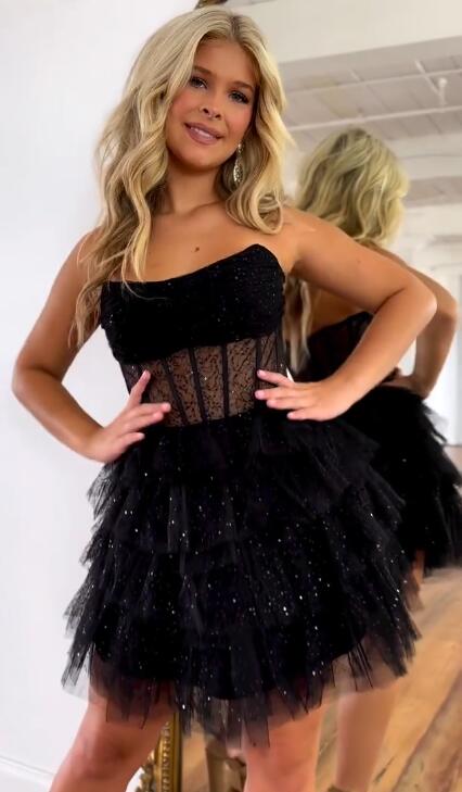 2023 Strapless Sequin Tulle Homecoming Dress with Ruffle Skirt BP919