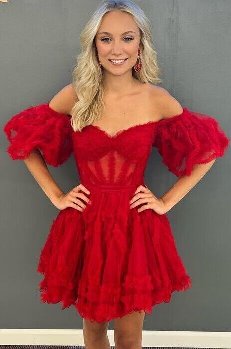 Strapless Tulle Homecoming Dress with Detachable Balloon Sleeves BP927
