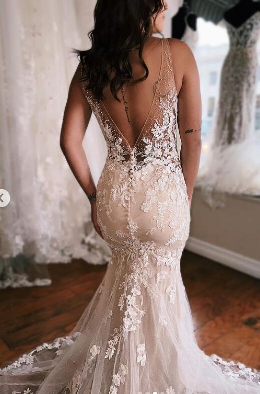V-neck Open Back Mermaid Floor-Length Wedding Dresses PDW191