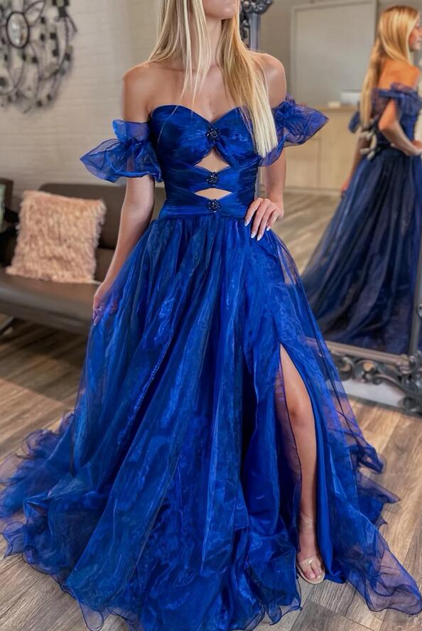 2024 Royal Blue Organza Long Prom Dress with Slit BP1005