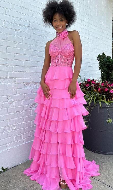 2024 Hater Neck Chiffon Long Prom Dress with Lace Bodice BP1073
