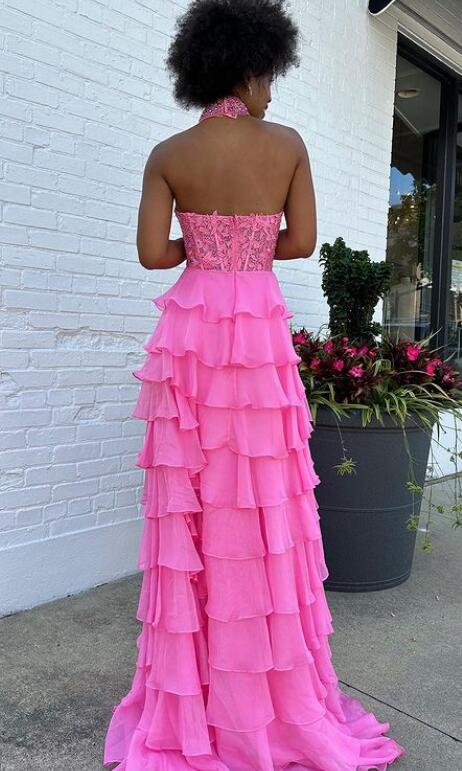 2024 Hater Neck Chiffon Long Prom Dress with Lace Bodice BP1073