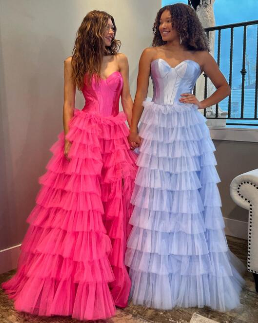 2024 Strapless Corset Ball Gown Long Prom Dress with Tulle Ruffle Skirt Slit BP1031