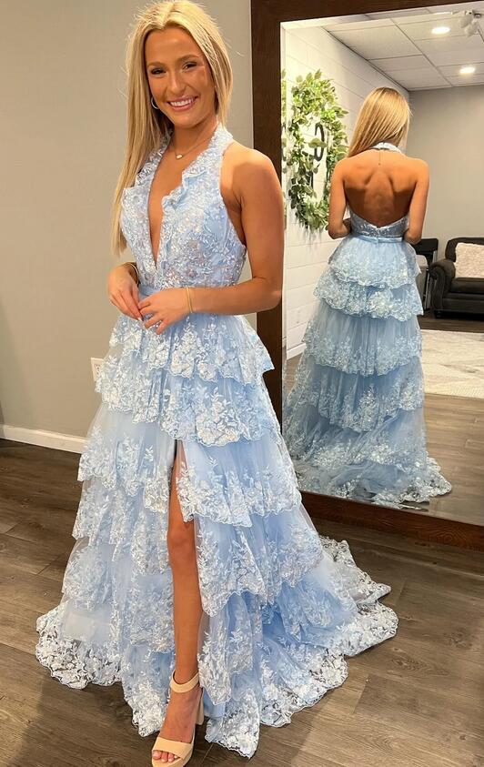 2024 V-neck Lace Long Prom Dresses BP1027