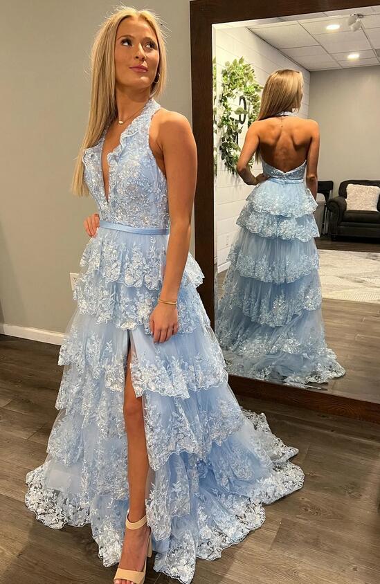 2024 V-neck Lace Long Prom Dresses BP1027