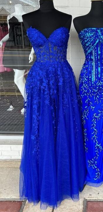Royal Blue Leaf Lace Long Prom Dress BP1124