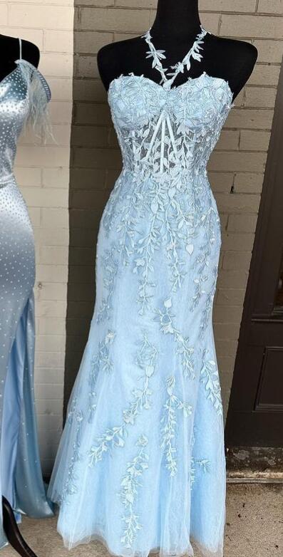 Light Blue Leaf Lace Long Prom Dress BP1125