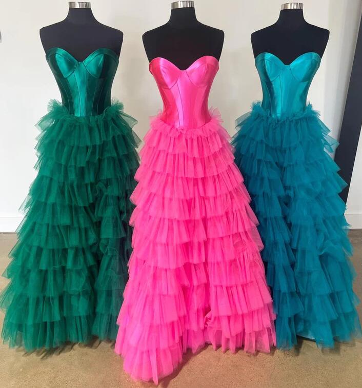 2024 Strapless Corset Ball Gown Long Prom Dress with Tulle Ruffle Skirt Slit BP1031