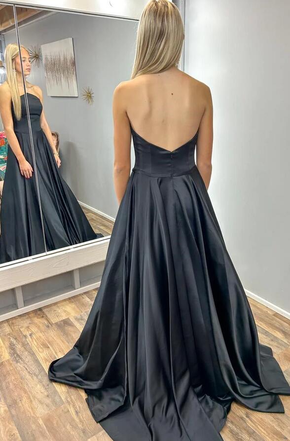 2024 Strapless Satin Black Long Prom Dress BP1038