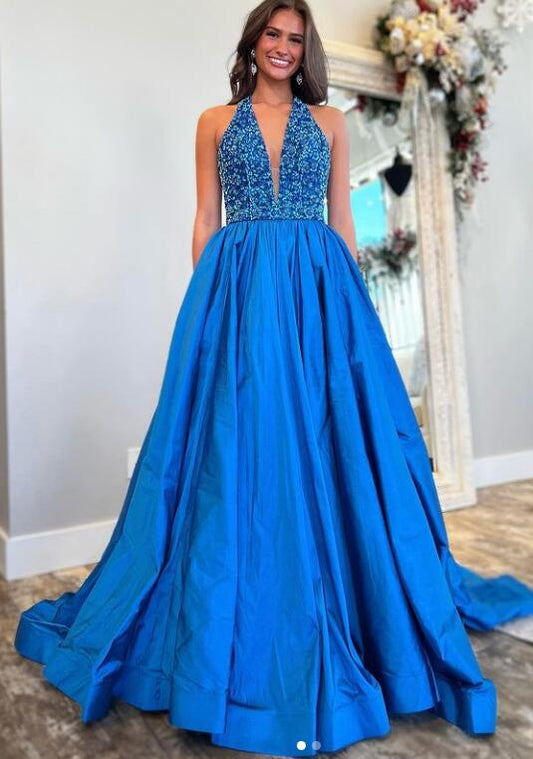 2024 Halter Neck Long Prom Dress with Beading Top BP1039