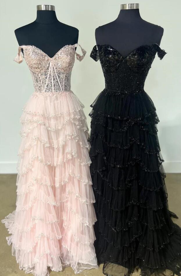 2024 Lace Corset Beaded Long Prom Dress with Ruffle Tulle Skirt Slit BP1045