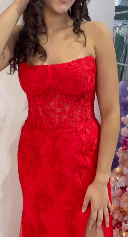 Red Leaf Lace Mermaid Long Prom Dress with Slit BP1119