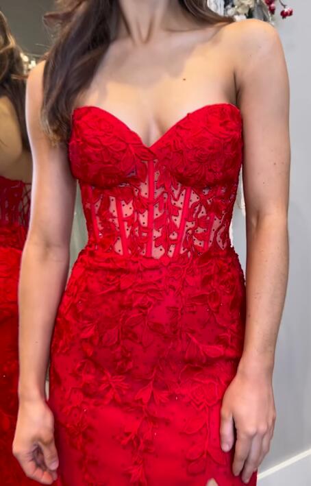Red Leaf Lace Mermaid Long Prom Dress with Slit BP1120