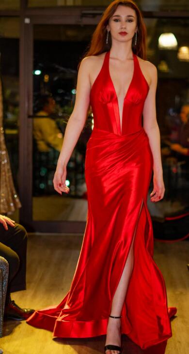 Red V-neck Mermaid Long Prom Dress with Slit BP1118