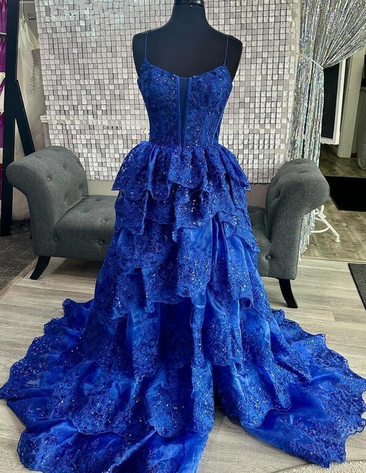 2024 Straps Tulle/Lace Sequin Prom Dress with Ruffle Skirt BP1052