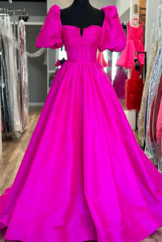 2024 Square Neck Fuchsia Puff Sleeves A-Line Prom Dress BP1070