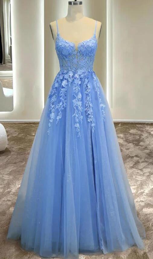 Straps Tulle Long Prom Dress with Appliques BP1110