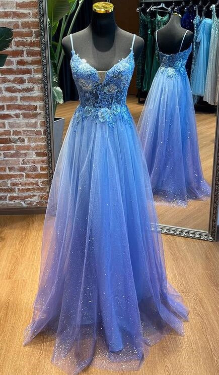 Straps Sparkly Tulle Long Prom Dress with Appliques BP1112