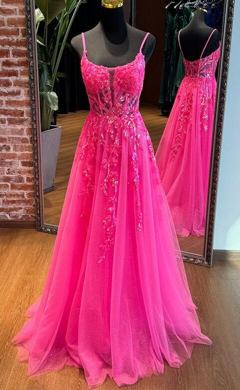 Straps Sparkly Tulle Long Prom Dress with Appliques BP1111