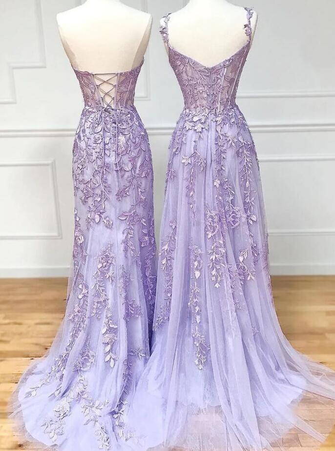 2024 Lilac Leaf Lace Long Prom Dresses BP1109