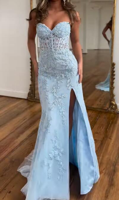 Strapless Leaf Lace Mermaid Long Prom Dress with Slit BP1130